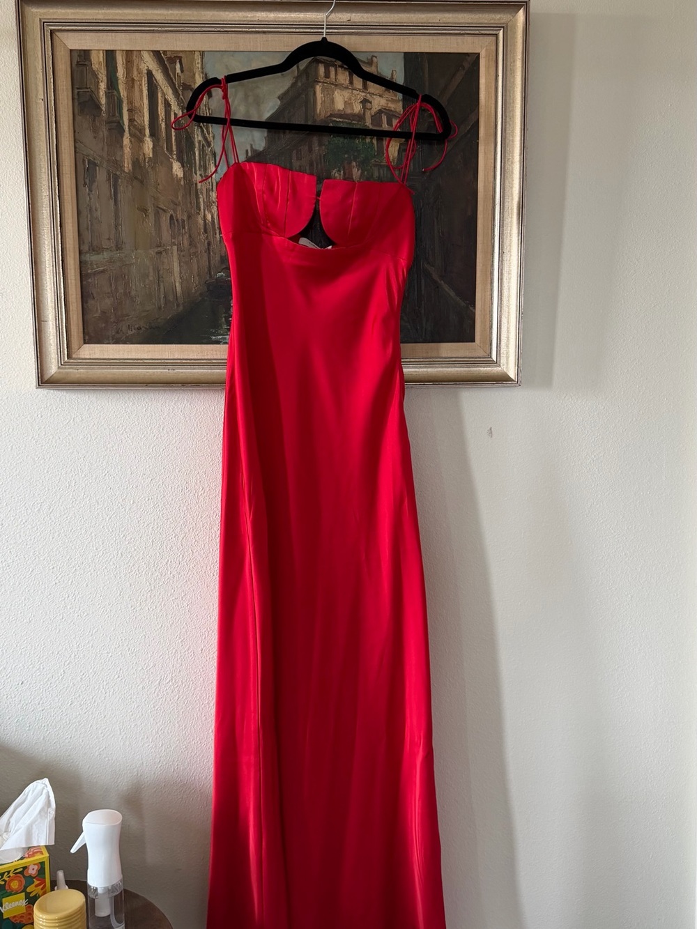 Commense Red Satin Maxi Dress with Front Cutout